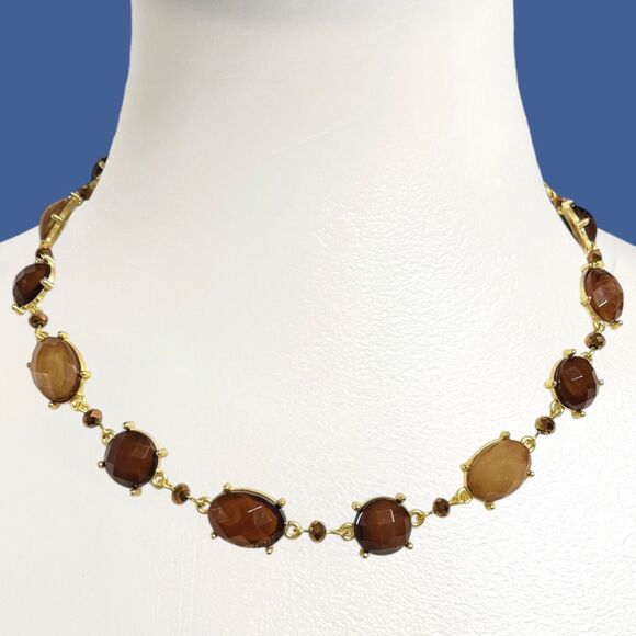 Brown Rhinestone Statement Necklace Gold Tone Swirled Oval Retro Evening - Picture 1 of 7